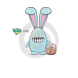 Cartoon funny cartoon blue easter bunny holding easter backet with full of colorful easter eggs isolated on white