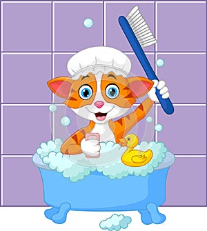 Cartoon funny cat bathing time