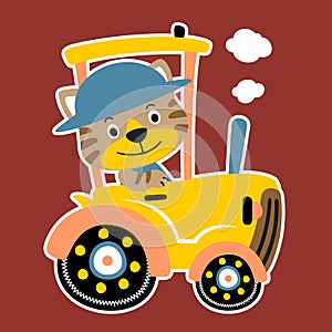 Cartoon of funny cat driving yellow tractor