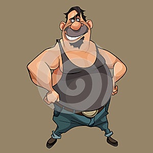 Cartoon funny character smiling potbellied man in jeans