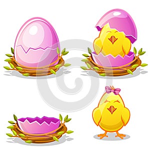 Cartoon funny chicken and pink egg in a nest