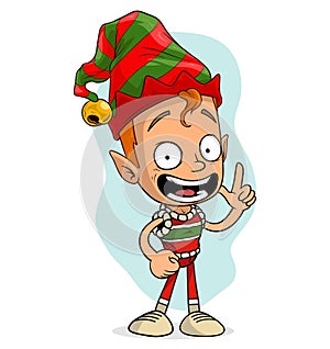 Cartoon funny christmas elf showing forefingers up