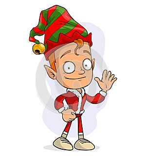 Cartoon funny christmas elf showing hello sign