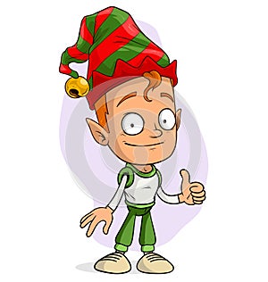 Cartoon funny christmas elf showing thumbs up sign