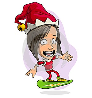 Cartoon funny christmas girl on a snowboard