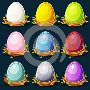 Cartoon funny colored birds Eggs in nest of twigs