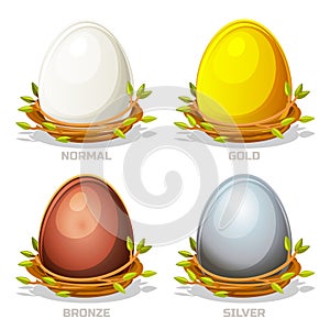 Cartoon funny colored Eggs in birds nest of twigs.