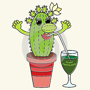 Cartoon funny colorful cactus drinks a fertilizer. Suitable for