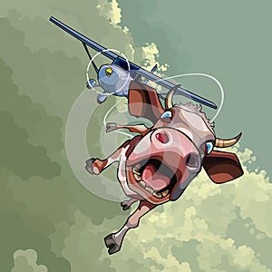 Cartoon funny cow transported by air by plane
