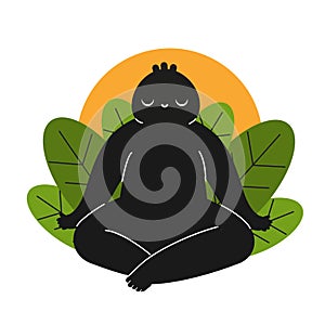 Cartoon funny creature sitting in lotus pose and meditate. mindfulness and mental health concept. Calm yoga