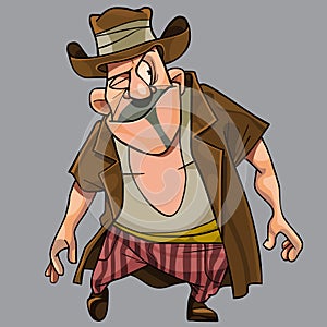 Cartoon funny with a cunning squinting man a robber in a hat