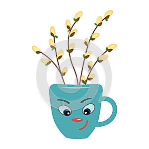 Cartoon funny cup. A coffee mug with an anthropomorphic face and willow twigs. Registration of the childrens menu of the cafe.
