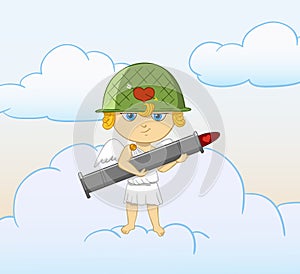 Cartoon funny cupid with armed valentine bazooka