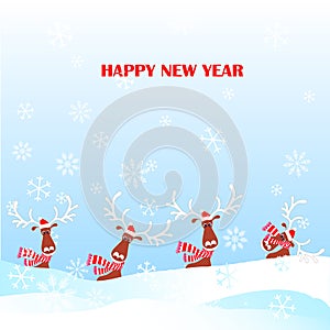 Cartoon funny, cute reindeer in red striped scarf, hat with white horns, snow, snowflax Happy New photo