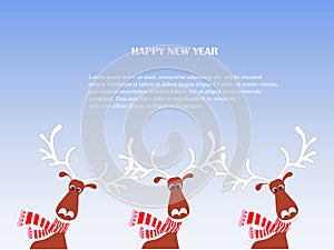 Cartoon funny, cute reindeer in red striped scarf, hat with white horns, snow, snowflax Happy New photo