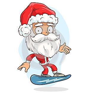 Cartoon funny cute santa claus on a snowboard