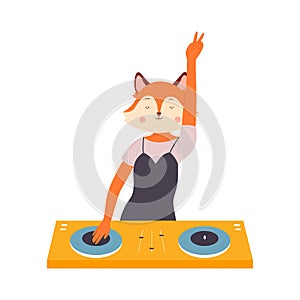 Cartoon funny dj fox standing at turntable, playing mixing electronic disco in nightclub