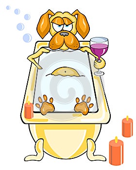 Cartoon funny dog takes a bath by candlelight and a glass of wine.