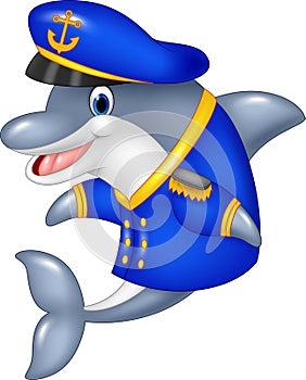 Cartoon funny dolphin wearing captain uniform