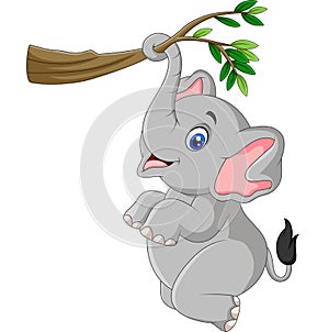 Cartoon funny elephant playing on a tree branch