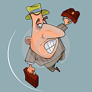 Cartoon funny emotional man in hat jumps with two briefcases