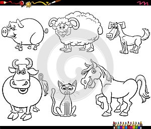 Cartoon funny farm animals characters set coloring book page