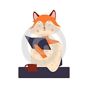 Cartoon funny fox booklover reading story book literature from library or bookstore