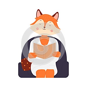 Cartoon funny fox booklover reading story book literature from library or bookstore