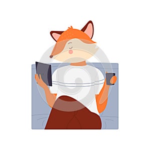 Cartoon funny fox booklover reading story electronic book