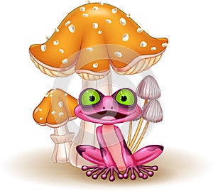 Cartoon funny frog with mushrooms