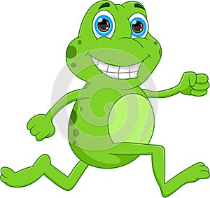 Cartoon funny frog running on white background