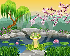 Cartoon funny frog sitting on the rock