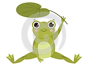 Cartoon funny froggy, cute frog sitting under leaf. Green amphibia, kawaii sitting water froglet flat vector illustration on white