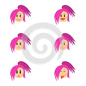 Cartoon funny girl emotion collection. Cute female face with different expression.