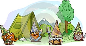 Cartoon funny gnomes on green lawn near camp tent