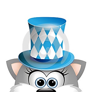 Cartoon funny gray cat in a bavarian hat. Card for Oktoberfest.
