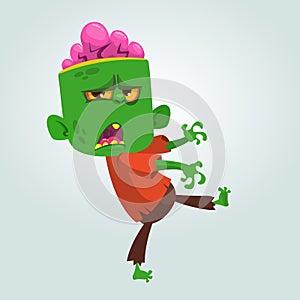 Cartoon funny green zombie with big head. Halloween. Vector illustration.