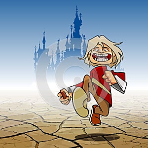 Cartoon funny guy cheerfully running through the desert with a castle