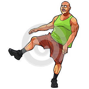 Cartoon funny guy muscular, jumping on one leg