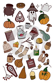 Cartoon funny Halloween stickers icons vector set