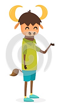 Cartoon funny and happy bul or buffalo wearing modern fancy style clothes. Vector illustration isolated