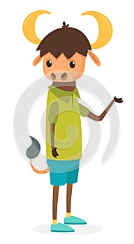 Cartoon funny and happy bul or buffalo wearing modern fancy style clothes. Vector illustration isolated