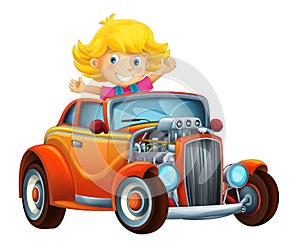 Cartoon funny and happy looking child - girl in racing car on race track