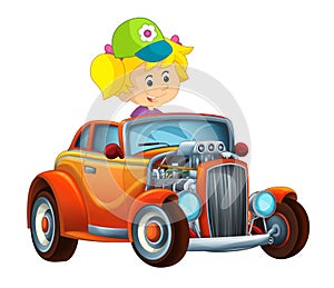 Cartoon funny and happy looking child - girl in racing car on race track