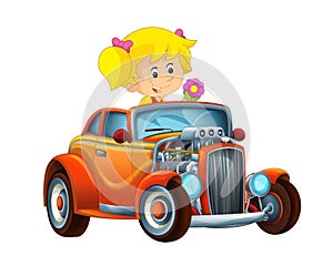 Cartoon funny and happy looking child - girl in racing car on race track