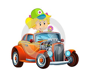 Cartoon funny and happy looking child - girl in racing car on race track