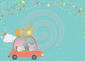 Cartoon Funny Hedgehogs driving a Red Car with Christmas Tree