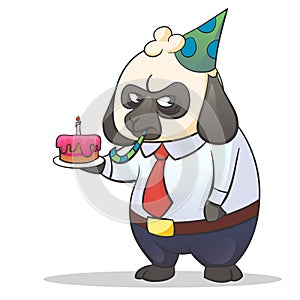 Cartoon funny illustration of businessman boss sheep with a grumpy expression with cake and party hat. Hard work stress and Monday