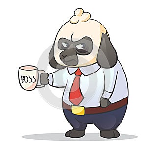 Cartoon funny illustration of businessman boss sheep with a grumpy expression with mug. Hard work stress and Monday