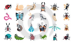 Cartoon funny insects. Colorful cute bugs characters set with smiling faces, snail, spider and caterpillar, butterfly